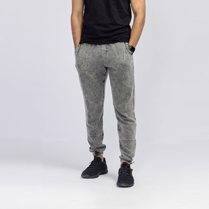 Joggers personnalisés solides 100% coton pour hommes, pantalons de survêtement lavés à l'acide, pantalons de poids moyen unis en éponge française avec fermeture à cordon - Product Image 1