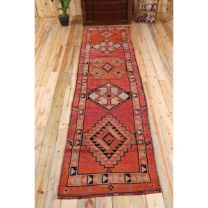 Turkish Vintage <b>Runner</b> Rug 2.9x11.6 ft, <b>Red</b> Black Patchwork Wool Rug - Product Image 1