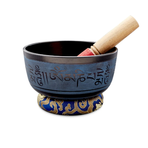 Cuenco tibetano indio de latón con Chakra de Buda con Striker de madera para meditación, Yoga, terapias curativas de sonido, cuenco de color azul - Product Image 1