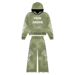 Ensemble sweat-shirt et pantalon de survêtement personnalisé, style streetwear, délavé à l'acide, fermeture éclair, Harajuku, délavé au soleil, broderie de strass, respirant, lourd - Product Image 2