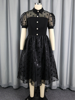 ADR060454 Robe noire décontractée mi-longue à pois en organza à manches courtes bouffantes pour femme AOMEI