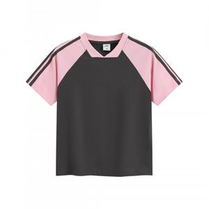 Camiseta de manga corta con cuello en V deportiva raglán de tres rayas de peso pesado de moda para mujer Top informal de bloque de Color de moda - Product Image 5
