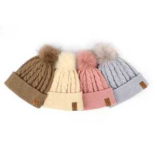 Top Pink Chunky pompom knitted hat Cap Unisex 100% Acrylic Beanie Hat Knit Winter warm Pom Beanies with Cuff (Unisex) - Product Image 6