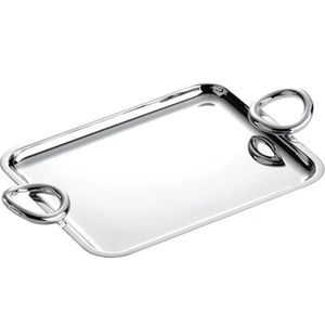 Elegant Silver <b>Mirror</b> Polish Metal Serving Tray <b>Decorative</b> Rectangular Ottoman Tray with Designer Looped Handles for Wedding - Product Image 1