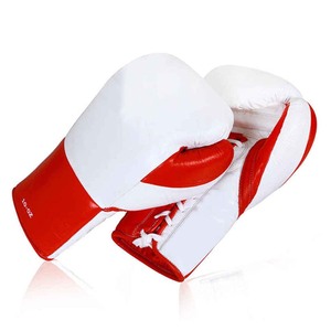 <b>Hot</b> Sale White <b>Red</b> Leather Lace-Up Boxing Gloves for Ring Fight Competition Customizable With OEM Logo Kick Boxing Martial Arts - Product Image 2