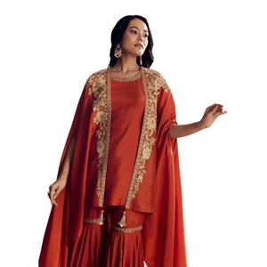 Traje Sharara de seda naranja con capa Zari bordada para mujer Traje DE BODA festivo tradicional indio para fiesta - Product Image 4