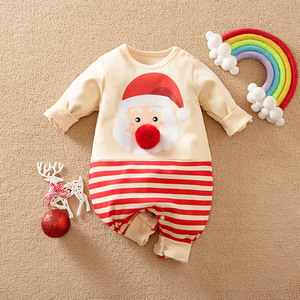 Tutina <span class=keywords><strong>Neonato</strong></span> Personalizzata con Simpatico Cartone Animato a Righe, Babbo Natale, Maniche Lunghe, Naso da Clown Tridimensionale e Dettagli a Contrasto - Product Image 1