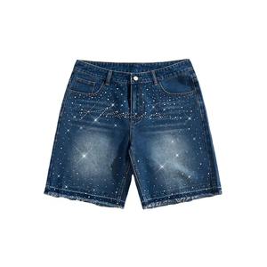 2025 été tendance respirant haute rue Style hommes Denim Shorts soleil délavé partout strass Vintage décontracté Denim Shorts - Product Image 1