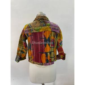 Chaqueta de mezclilla Kantha de algodón indio Unisex hecha a mano, diseño de retazos acolchado con botones, estilo corto a prueba de viento - Product Image 6
