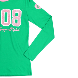 AKA T-Shirt a manica lunga verde 100% in cotone con Glitter stampato lettere greche da donna T-Shirt alla moda personalizzata AKA - Product Image 4