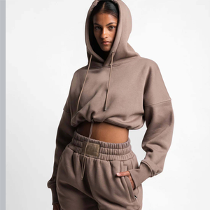 Vente en gros boutique vêtements pour femmes couleur unie à manches longues pull court sweat femme à capuche coton sport streetwear - Product Image 3