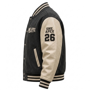 Blouson universitaire premium en cuir crème noir avec corps en laine et patchs brodés, style bomber, streetwear universitaire, personnalisable OEM ODM - Product Image 4