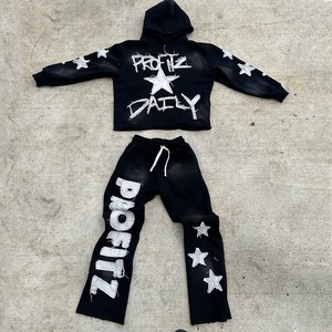 Winter Vintage Hooded Streetwear Custom <b>Embroidery</b> Distressed Patch Unisex Sweat Suits 100% Cotton Hoodie Sweat Pants <b>Set</b> Men's - Product Image 2