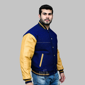 Chaqueta universitaria con mangas de cuero auténtico de Letterman de lana personalizada para hombre con parches y etiquetas de logotipos bordados de Color sólido - Product Image 6