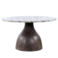 Mesa de Comedor con Base de Madera en Forma de Campana, Hecha a Mano, con Acabado en Marrón Cacao Oscuro, Tapa Redonda de Mármol con Textura Natural
