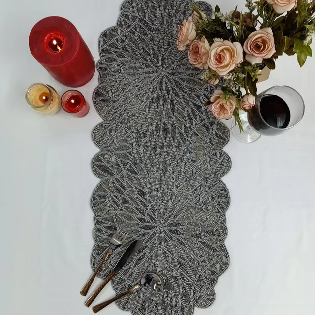 Handmade Jacquard Silver Chrysanthemum Flower Beaded Table Runner Woven Style