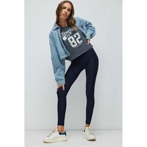 Leggings Deportivos Sin Costuras de Tela Elástica de Cintura Alta Azul Marino - Product Image 2