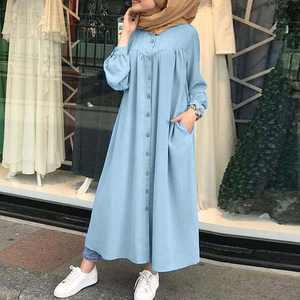 Loose <b>Casual</b> Islamic Abaya <b>Dress</b> for Women <b>Long</b> Sleeve Crew Neck With Buckle Solid Color Fabric Material Muslim Ethnic Clothing - Product Image 1