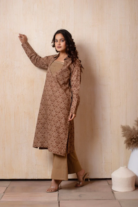 DHOOP CHAAV marron coton bloc à la main 3 pièces ensemble décontracté imprimé fleuri robe pour adolescents taille naturelle organza creux - Product Image 3