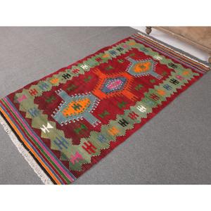 Kilim Vintage Rug, 3.5x6.46 ft Turkish Rug, <b>Red</b> Floral <b>Wool</b> Rug - Product Image 2