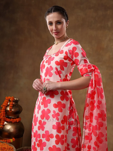 MERAKI ORANGE FLORAL PRINT MUSLIN KURTA SET ORGANZA DUPATTA Casual Cotton <b>Dresses</b> Fit Flare Half Sleeves Natural <b>Dress</b> - Product Image 6