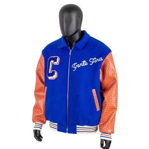 Veste universitaire en cuir PU personnalisée TOPSHOW, broderie en chenille, lettres, veste universitaire bleue en laine pour hommes - Product Image 1