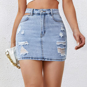 Minifalda estilo Y2K de verano para mujer, cintura recortada, rasgada, de mezclilla, patrón sólido, silueta recta para mujer para otoño y primavera - Product Image 3