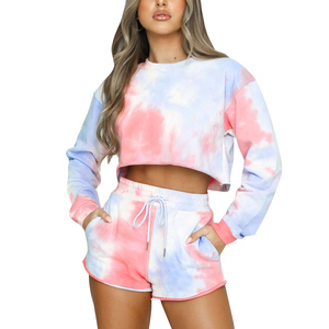 Conjunto personalizado de 2 piezas de chándal Tie Dye para mujer, Top corto de manga larga y pantalones cortos, ropa de descanso, ropa deportiva informal - Product Image 4