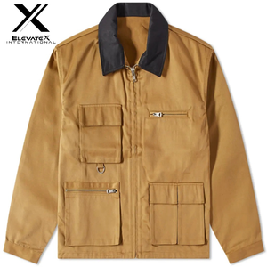 เสื้อแจ็กเก็ตผู้ชายสำหรับทำงานคาร์โก้ทันสมัยชุดทำงานออกแบบได้ตามต้องการผ้าฝ้ายที่ทนทานเสื้อกันลมมีกระเป๋าหลายกระเป๋าสีล้วนสำหรับผู้ชาย - Product Image 4