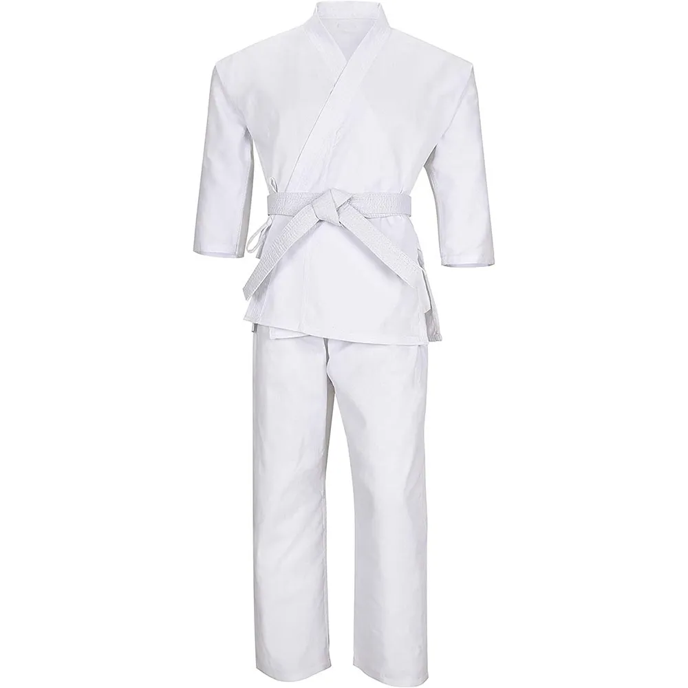 Produsen grosir Kimono Bjj putih polos seragam seni bela diri sabuk putih Logo kustom OEM uniseks katun buatan Pakistan