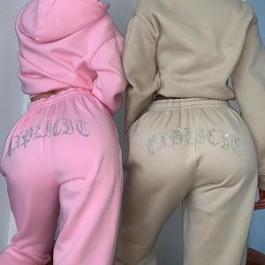 Conjunto de dos piezas con capucha y Sudadera con capucha de algodón de alta calidad para mujer con logotipo personalizado y diamantes de imitación de gran tamaño - Product Image 2