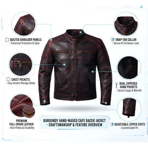 Solid Color Hot Sale Leather Cafe <b>Racer</b> Winter <b>Jacket</b> Durable Stand Collar Leather Cafe <b>Racer</b> <b>Jacket</b> - Product Image 4