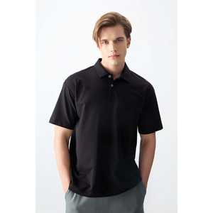 T-shirt basique pour homme, coupe ample, noir, coton épais, doux et texturé, col polo, tissu Oxford - 88382 - Product Image 5