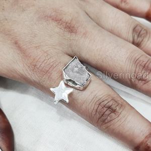 Joyería de piedra áspera, anillo para mujer, piedra preciosa de cuarzo rosa crudo Natural, piedra natal de abril, estrella, anillo ajustable, anillo de Plata de Ley 925 - Product Image 4