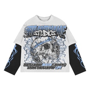 Streetwear surdimensionné personnalisé Distressed Full Print Graphic Flame Sleeves Y2K Double Couche T-shirt à manches longues - Product Image 5