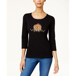 T-shirt da donna Karen Scott in cotone taglia XL con stampa grafica decorata, colletto a fiocco, in tessuto a maglia traspirante, manica corta/lunga - Product Image 1