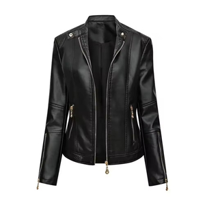 Chaqueta de Cuero Genuino para Mujer, Textura Suave, Ajuste Elegante, Impermeable, Relleno de Algodón, Diseño que Combina con Cualquier Estilo, para Uso Diario - Product Image 1