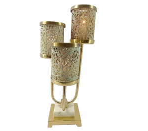 Porte-bougie à 3 bras en laiton sculpté avec pierre |   Support multi-niveaux en pierre ollaire pour bougies chauffe-plat et votives |   Centre de table moderne de luxe, candélabre - Product Image 1