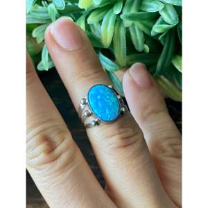 Navajo Made Blue Opal & <b>Sterling</b> <b>Silver</b> <b>Ring</b> Size 5.75 Rhodium Plated Everyday Wear Gemstone <b>Ring</b> with Bezel Setting - Product Image 2