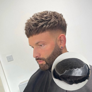 Q6 Sistema <span class=keywords><strong>de</strong></span> Cabello Humano <span class=keywords><strong>para</strong></span> Hombre, Toupee Marrón Rubio, Encaje Frontal Francés Transpirable, Peluca Masculina Tejida a Mano con Ondas Naturales <span class=keywords><strong>para</strong></span> <span class=keywords><strong>Hombres</strong></span> - Product Image 1