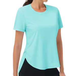 T-shirts d'été décontractés pour femmes, col rond, couleurs unies, en coton respirant, tricotés, à manches courtes, couleurs personnalisables, anti-boulochage, séchage rapide - Product Image 6