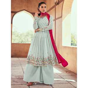 Atractivo Traje Salwar Kameez Palazzo de Georgette Azul Cielo, Listo para Usar, con Lentejuelas y Bordado a Mano para Fiesta - Product Image 3