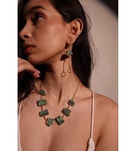 Luxury <b>Green</b> Jewelry Set for Women with Matching Ring Earrings and <b>Necklace</b> in Bold Modern Style from India - Product Image 3