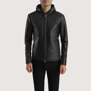 Veste à capuche en cuir véritable pour homme - Coupe ajustée avec fermetures éclair - Product Image 1