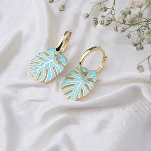 Boucles d'oreilles en émail turquoise feuille de palmier boucles d'oreilles pendantes bijoux en argent sterling 925 en gros turc - Product Image 2