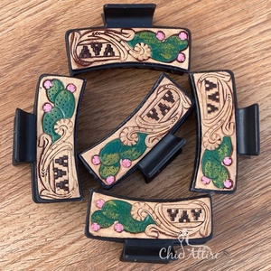 Western main usiné en cuir véritable pince à cheveux Cowgirl Cactus Floral outillage cheveux griffes cheveux accessoires en gros en vrac - Product Image 1