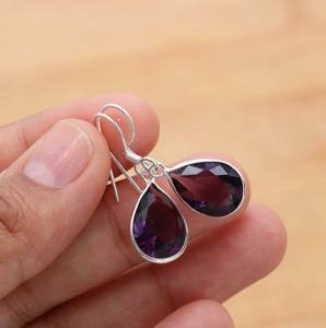 925 Sterling Silver <b>Teardrop</b> Faceted Pear Amethyst <b>Earrings</b> Elegant Gemstone Jewelry with Natural Cut Diamond Fashion <b>Stud</b> Pair - Product Image 3