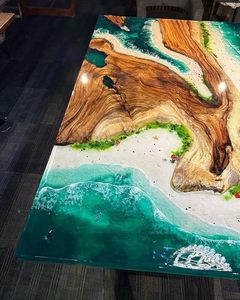 Table à manger rectangulaire moderne en résine époxy artisanale de luxe pour salon, plateau en bois d'acacia, imperméable, cadeau de mariage, couleur personnalisée - Product Image 3