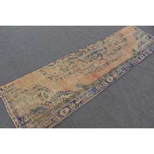 Alfombra Vintage Estilo Runner, Alfombra Turca de 2.5x8.7 pies, Alfombra de Lana Azul con Diseño Floral - Product Image 1