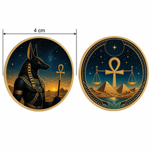 Moneta Rotonda in Metallo Dorato Personalizzata con Anubis, Dio Egizio, a Doppia Faccia, con Ankh, Scala e Piramide, Regalo Ispirato al Mito Antico - Product Image 4